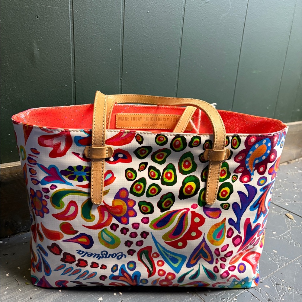 Consuela Multicolor Floral Canvas Tote with Tan Trim